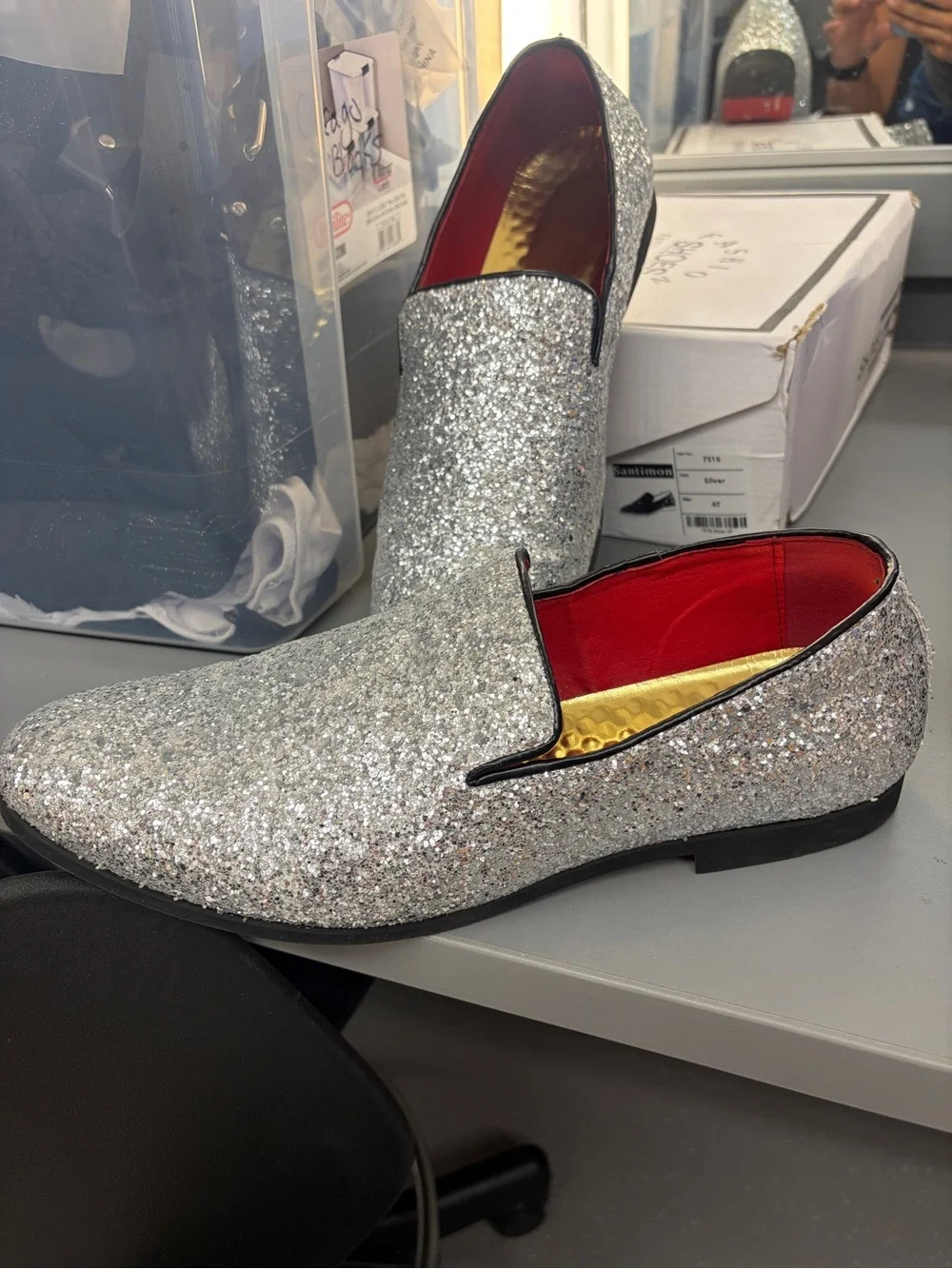 Silver Glitter Men’s Slip-On Loafers - Fashion Dress Shoe